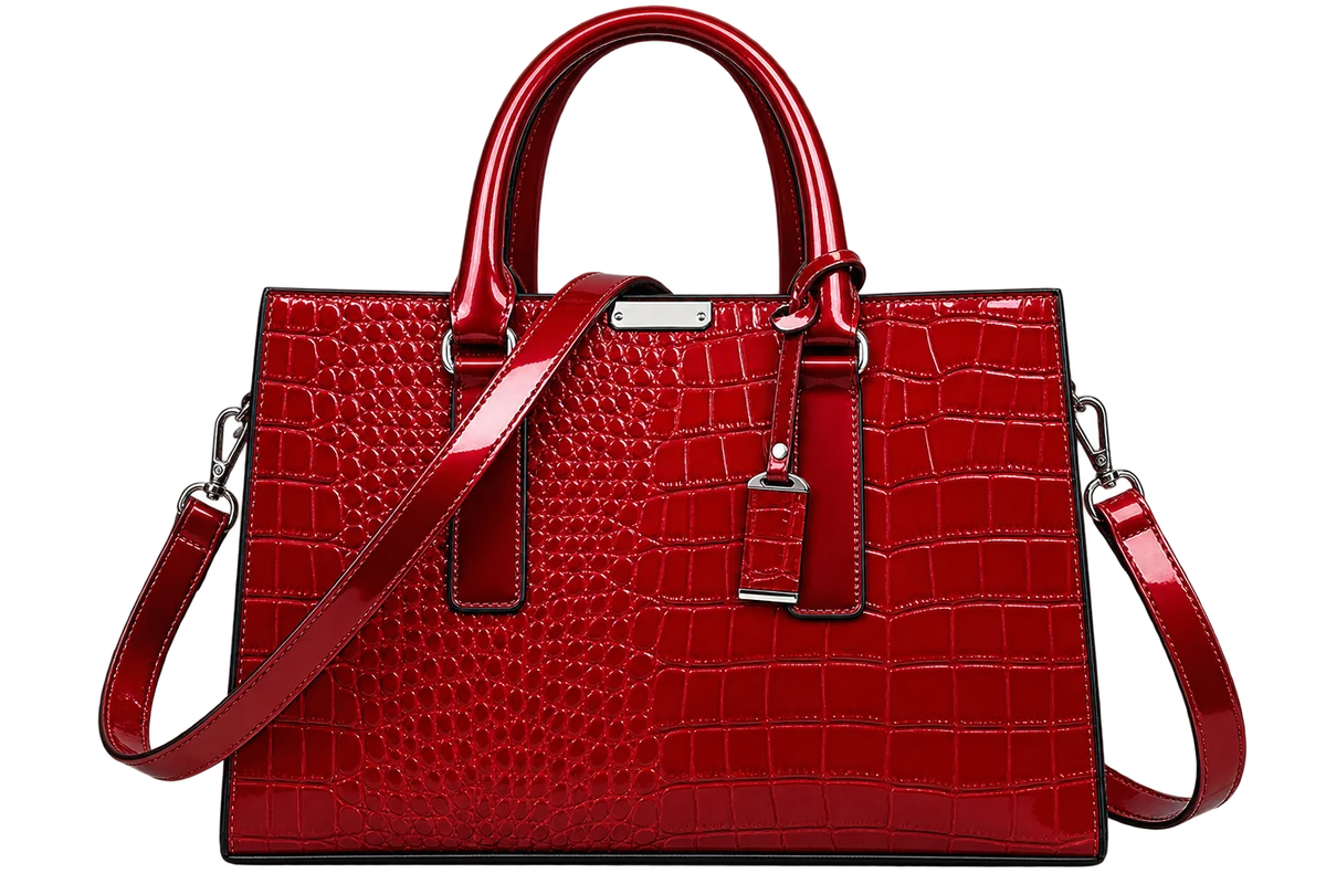 Women's Burgundy Crocodile Pattern Leather Tote Bag with Shoulder Strap