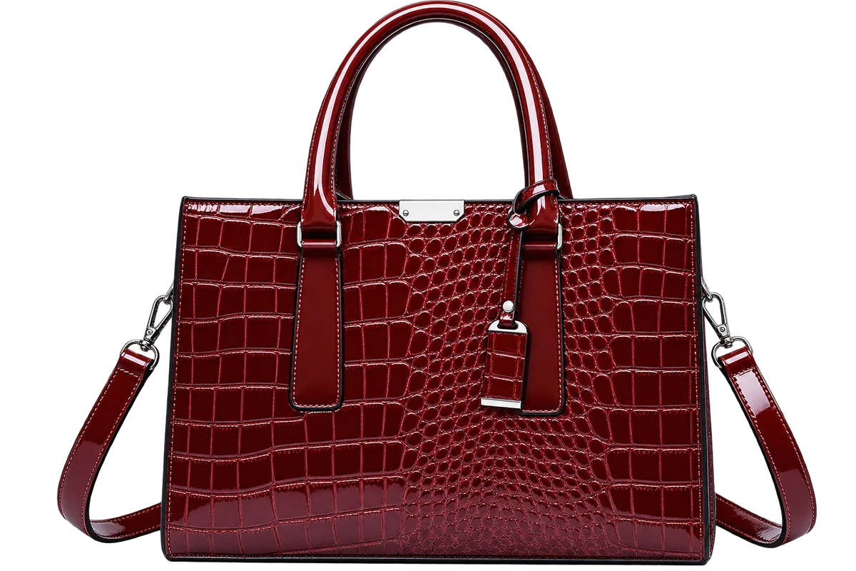Women's Burgundy Crocodile Pattern Leather Tote Bag with Shoulder Strap