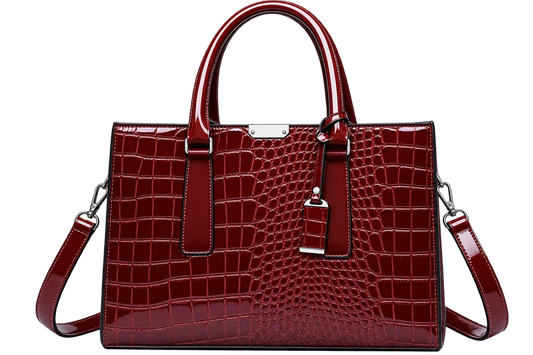 Women's Burgundy Crocodile Pattern Leather Tote Bag with Shoulder Strap