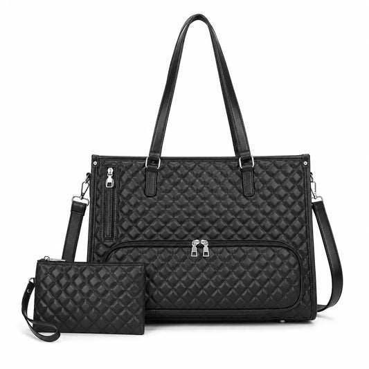 Women’s Quilted PU Leather Insulated Lunch Tote Bag with Pouch
