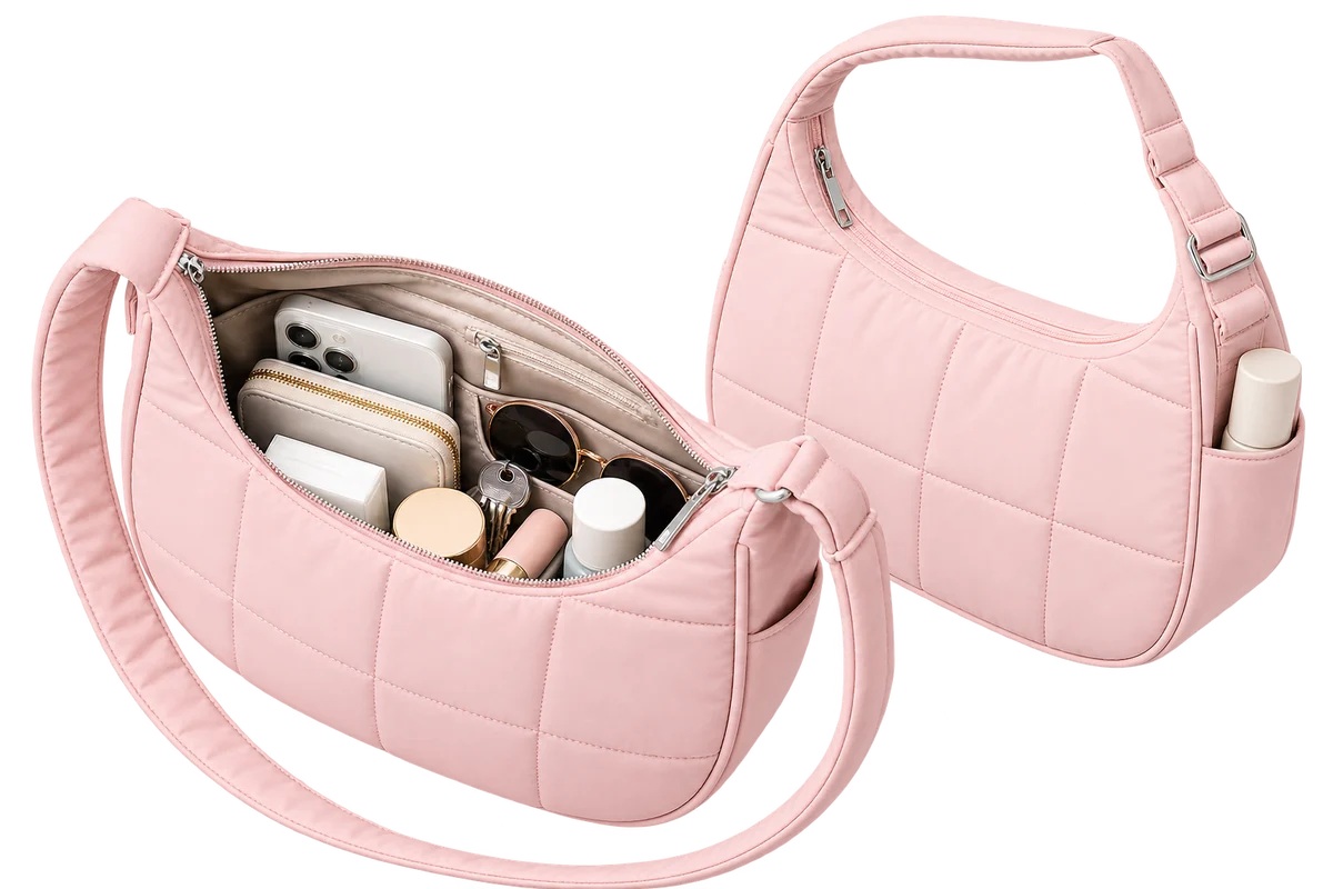 Women’s Quilted Puffer Shoulder Bag – Lightweight Nylon Underarm Hobo Tote with Adjustable Strap