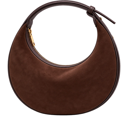 Women's Brown Crescent Velvet Shoulder Bag, Adjustable Strap