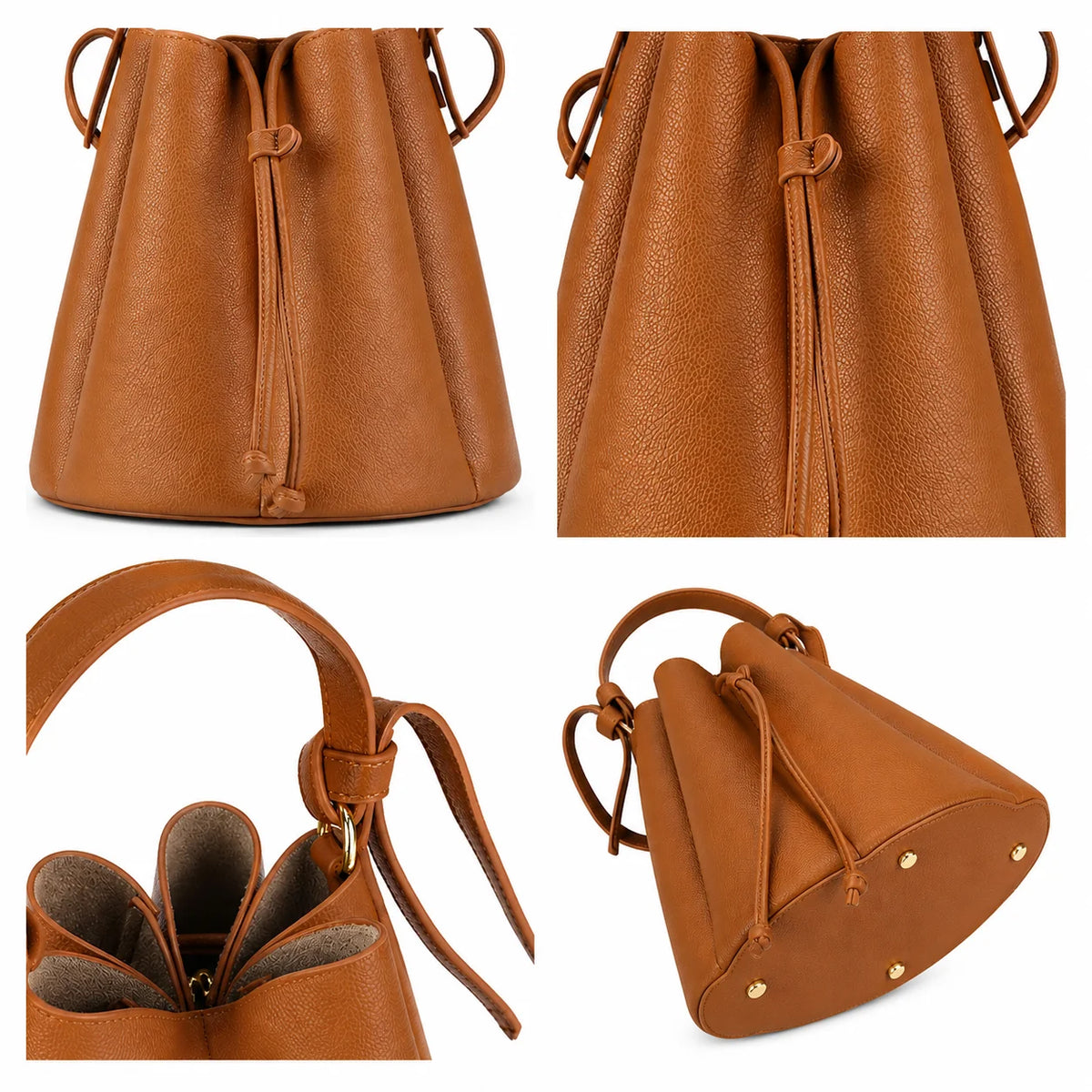 Women’s Vintage Petal Bucket Bag – PU Leather Crossbody Shoulder Handbag